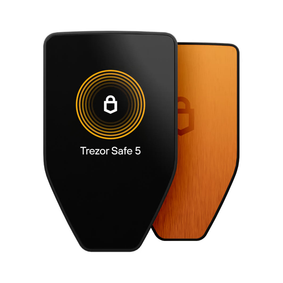 Trezor Safe 5 bitcoin-only hardware wallet shown in black with a gold lock icon on the front and a brushed orange-brown back, on a white background.