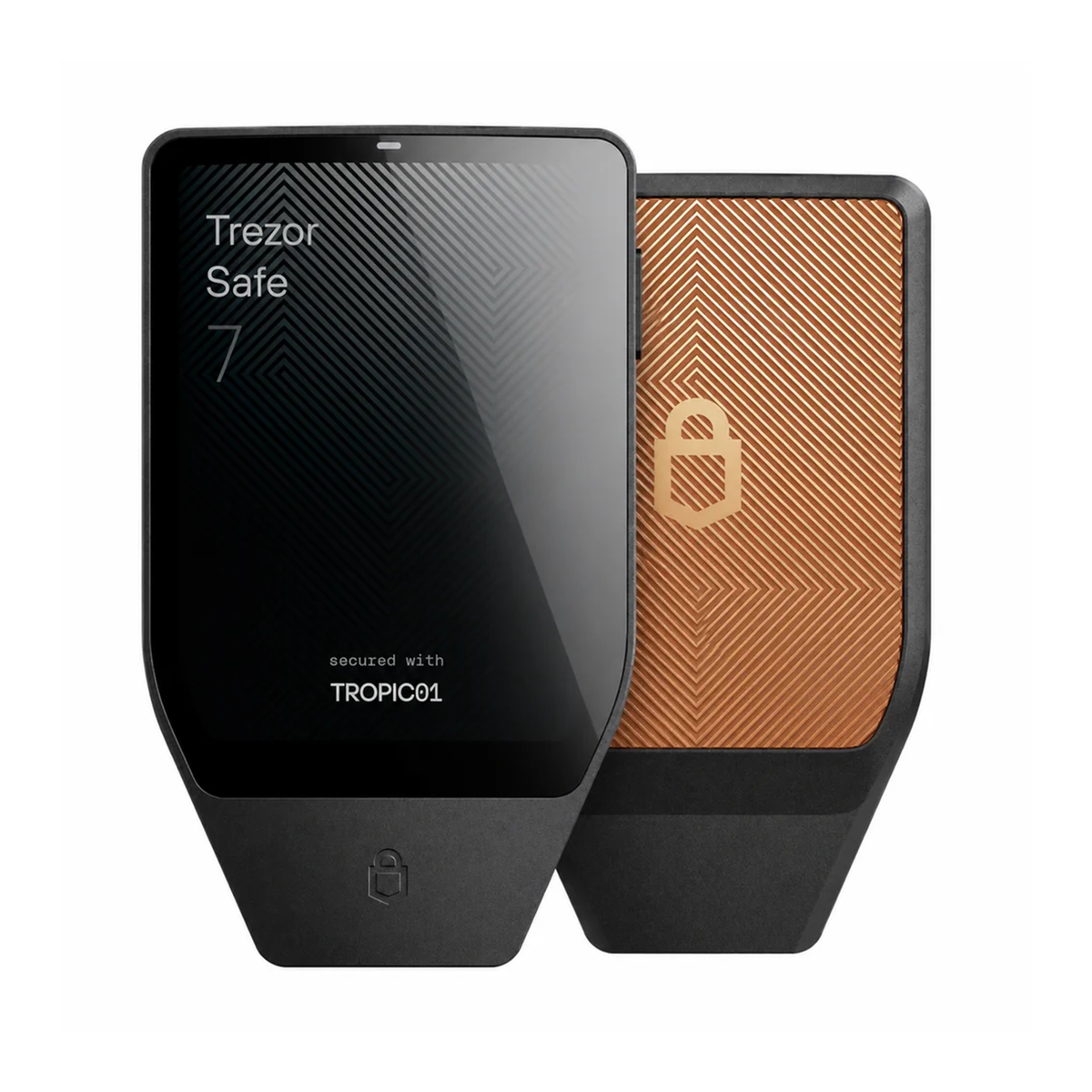 Two Trezor Safe 7 bitcoin-only cryptocurrency security devices shown on a white background, with one displaying its black front screen and the other showing its copper-colored textured back panel.
