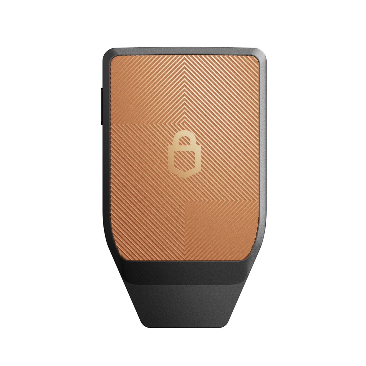 The Trezor safe 7 bitcoin-only displaying its its copper-colored textured back panel.